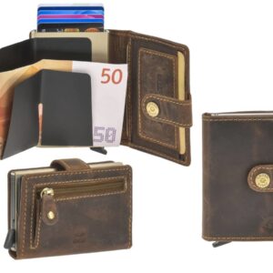 Bőr kártyatok 7x10cm bankjegyrekesszel és érmetartóval ZIP "Vintage" antik barna
