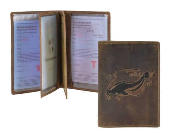 Bőr ID tok 12x16cm 3 részes haldomborítással "Vintage" antik barna harcsa - Image 3